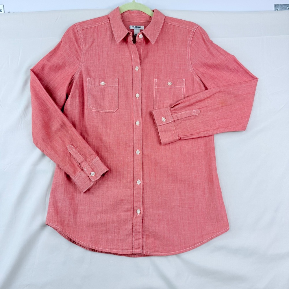 Old Navy Womens S Pink Chambray Denim Shirt Coastal Western Utility Workwear